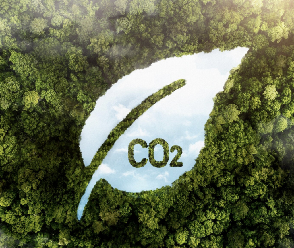 Imagen que muestra un bosque con una hoja dibujada en el centro y la palabra CO2