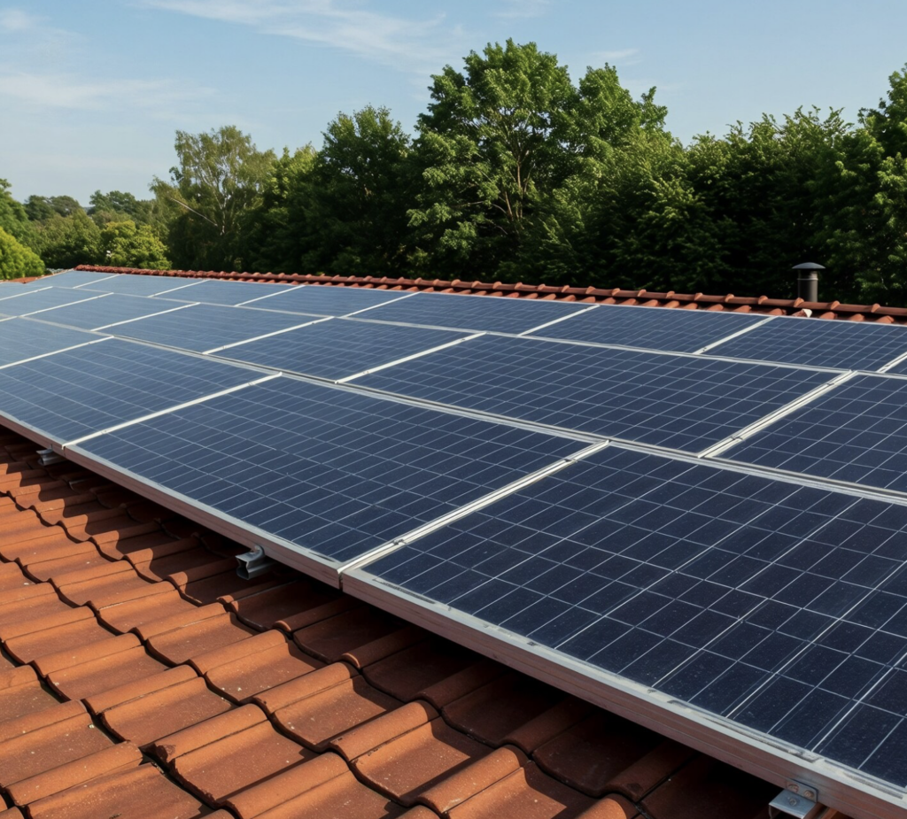 La imagen muestra Placas solares sobre tejado