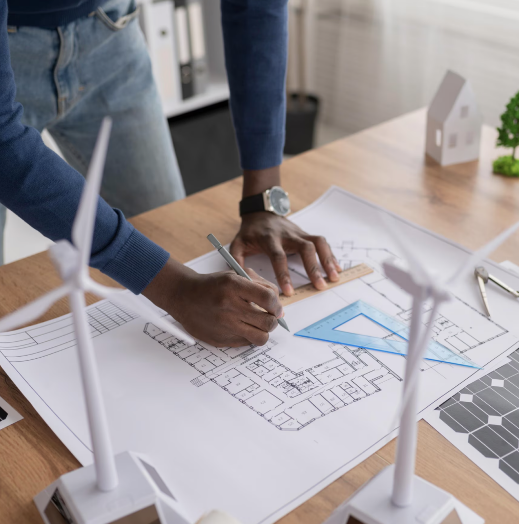 Imagen muestra una persona haciendo un plano, varios molinos de viento sobre una mesa de diseño
