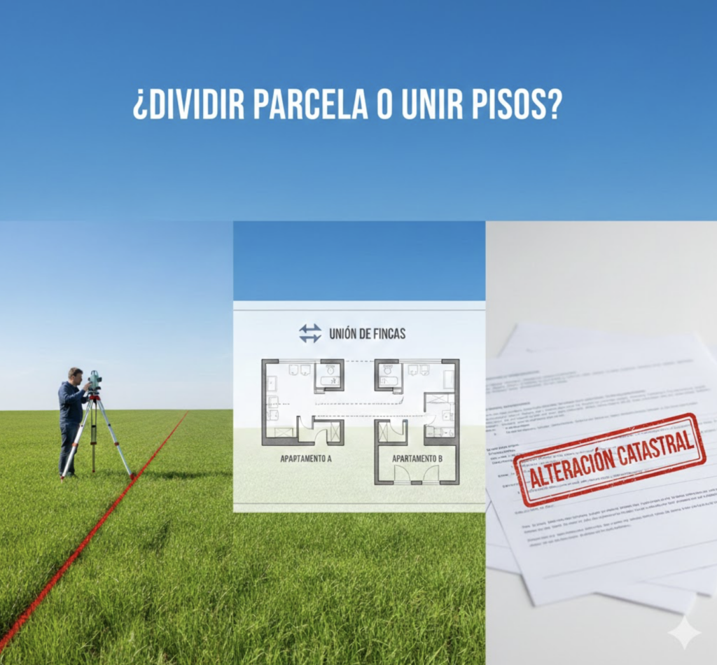 La imagen muestra la división de un terreno junto con la unión de un piso sobre planos.